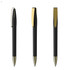 A set of black metal pens with gold accents and clips, featuring a sleek design. The image includes branding.