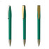 A green metal pen with a gold clip, displayed from three angles, featuring a branding logo.