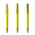 A yellow metal pen with a gold clip, displayed from three different angles.