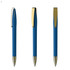 A collection of blue metal pens with gold accents, featuring different angles and a branding logo.