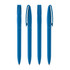 A collection of four blue plastic pens with clips, featuring a logo on each pen.