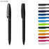 Two black plastic pens, featuring a logo, alongside a selection of colourful pens in various shades.