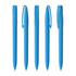 Five blue plastic pens with a smooth finish and clips, featuring a logo on each pen.