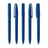 A set of five blue plastic pens with a sleek design and clips, featuring a logo on each pen.