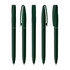 A collection of five dark green plastic pens with clips and a logo, designed for recycling.