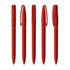 Five red plastic pens lined up, each with a clip and a smooth design, featuring branding on the barrels.