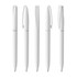 A collection of five white plastic pens, each with a clip, featuring a branding logo.