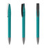 A metal pen in teal with a metallic silver tip and clip, presented from three angles.