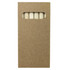 A pencil pack featuring several coloured pencils visible through a cut-out window on a brown cardboard cover.