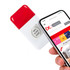 A correction tape dispenser in white and red, alongside a smartphone displaying a webpage, featuring a logo.