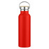 A drink bottle in bright red with a silver metal top and a wooden handle. It features a logo on the body.