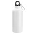 A drink bottle in white with a black lid and a metal carabiner attached. Features a smooth, glossy finish.