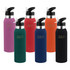 A drink bottle collection featuring six bottles in purple, green, red, navy, orange, and black, each with a spout and logo.