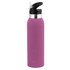 A drink bottle in a sleek purple design with a black top and spout, featuring a logo.