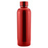 A drink bottle in bright red with a sleek, metallic finish and a matching cap. It features a logo.