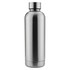 A drink bottle in a sleek silver finish, featuring a stainless steel design and a simple logo at the base.