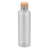 A drink bottle in clear glass with a cork stopper. It features a sleek, cylindrical design and has a logo.