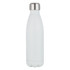 A drink bottle in matte white with a stainless steel cap and a logo. Ideal for keeping beverages cold or hot.