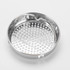 A stainless steel food strainer with a perforated design and a handle for easy lifting.