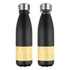 A drink bottle in black stainless steel with a bamboo accent, featuring a silver lid and logo.
