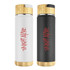 A drink bottle with a white and a black finish, featuring bamboo accents and a logo design.