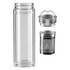 A drink bottle featuring a clear glass body, with a metal infuser and strainer included. It has a sleek design.