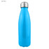 A drink bottle in light blue, made of shiny stainless steel with a silver lid and a logo on the side.