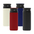 A drink bottle collection featuring white, red, navy, and black colours, each with a black lid and branding.