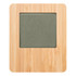A bamboo desk clock with a natural wood finish and a square green clock face. It features a logo.