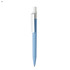 A plastic pen with a light blue barrel and a white clip, featuring a logo on the body.