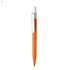 A plastic pen with a white clip and an orange body, featuring a simple design and a branding logo.