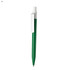 A green plastic pen with a white clip and a logo on the barrel.