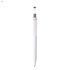 A white plastic pen with a metallic silver clip, featuring a logo on the top.