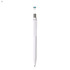 A white plastic pen with a silver clip and a branding logo on the top.