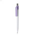 A plastic pen with a white barrel and a lavender clip. Features a logo on the pen.