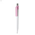 A plastic pen with a white barrel and a pink grip, featuring a metallic clip, and showcasing a logo.