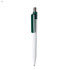 A plastic pen with a white barrel and green clip, featuring a logo on the clip.