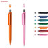 Two plastic pens in orange and pink, featuring a logo and available in various colours on the right.