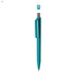 A turquoise plastic pen with a clip and a silver tip, featuring a branding logo.