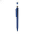 A blue plastic pen with a clip and a rounded top, featuring a logo on the clip.