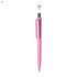 A pink plastic pen with a distinctive design and a clip, featuring a small logo at the top.
