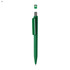 A green plastic pen with a sleek design and a cap, featuring a branding logo.