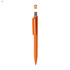 An orange plastic pen with a removable cap and a clip. The pen features a shiny silver tip and has a logo.