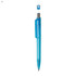 A blue plastic pen with a clear grip and a silver clip. The pen features a round top with a logo.