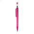 A pink plastic pen with a transparent barrel and a silver clip, featuring a logo on the top.