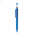A blue plastic pen with a sleek design, featuring a removable cap and a silver clip, includes a logo on the barrel.