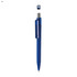 A blue plastic pen with a clear clip and a round cap featuring a logo.