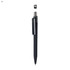 A black plastic pen featuring a sleek design and a clip, with a logo on the top.