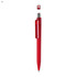 A red plastic pen with a transparent cap and a clip, featuring a logo.