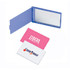A mirror in a purple case, with a pink card and a white card featuring logos inside.